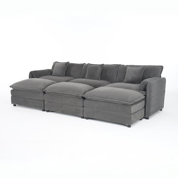 Modern Minimalist Grey Chenille Sofa with Side Storage Pockets 6-Seat