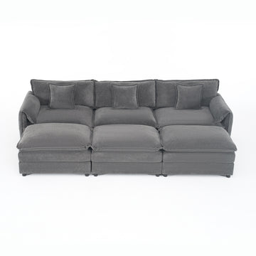 Modern Minimalist Grey Chenille Sofa with Side Storage Pockets 6-Seat