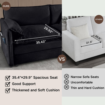 Modern Minimalist Black Chenille Sofa with Side Storage Pockets 2-Seat