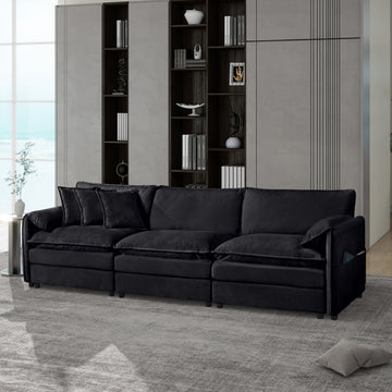 Modern Minimalist Black Chenille Sofa with Side Storage Pockets 3-Seat