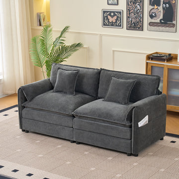 Modern Minimalist Grey Chenille Sofa with Side Storage Pockets 2-Seat