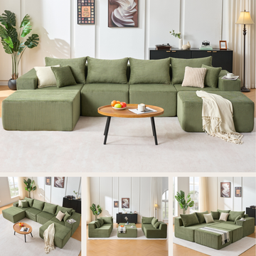 Compressed Modular Green Corduroy Sofa No Assembly Required 6-Seat