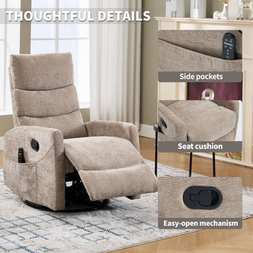Heat Massage Manual Recliner Chair with Rocker and Swivel in Fabric for Living Room, Khaki