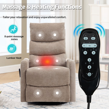 Heat Massage Manual Recliner Chair with Rocker and Swivel in Fabric for Living Room, Khaki