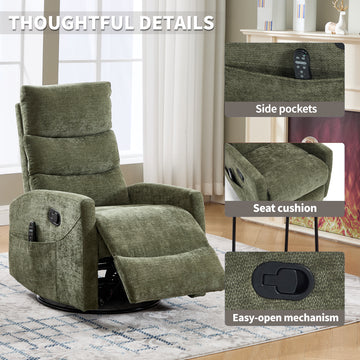 Heat Massage Manual Recliner Chair with Rocker and Swivel in Fabric for Living Room, Green