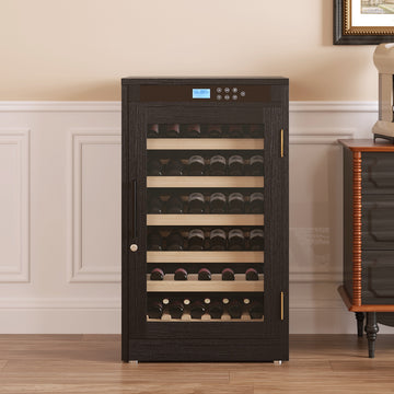 LED Touch Screen Wine Cabinet Black Wood Finish Constant Temperature Double Glass Low Noise