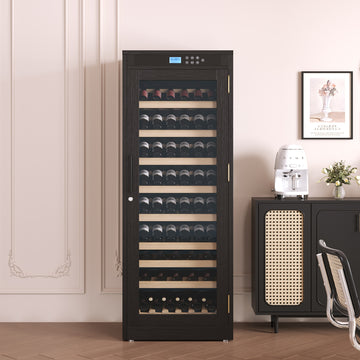 Intelligent Temperature Controlled Multi Tier Black Wood Wine Cabinet Double Glass Low Noise