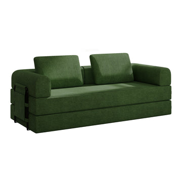 Convertible Sleeper Sofa Bed with Cylindrical Pillow Corduroy Folding Mattress Couch for Living Room and Bedroom Green