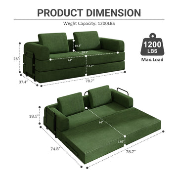 Convertible Sleeper Sofa Bed with Cylindrical Pillow Corduroy Folding Mattress Couch for Living Room and Bedroom Green