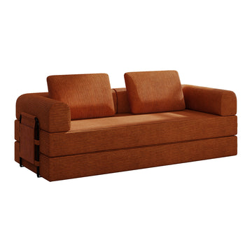 Convertible Sleeper Sofa Bed with Cylindrical Pillow Corduroy Folding Mattress Couch for Living Room and Bedroom Orange