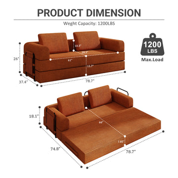 Convertible Sleeper Sofa Bed with Cylindrical Pillow Corduroy Folding Mattress Couch for Living Room and Bedroom Orange