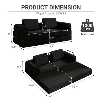 Convertible Sleeper Sofa Bed with Cylindrical Pillow Corduroy Folding Mattress Couch for Living Room and Bedroom Black