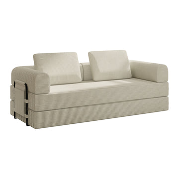 Convertible Sleeper Sofa Bed with Cylindrical Pillow Corduroy Folding Mattress Couch for Living Room and Bedroom Beige