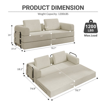 Convertible Sleeper Sofa Bed with Cylindrical Pillow Corduroy Folding Mattress Couch for Living Room and Bedroom Beige