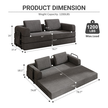 Convertible Sleeper Sofa Bed with Cylindrical Pillow Corduroy Folding Mattress Couch for Living Room and Bedroom Dark Gray