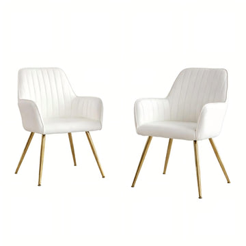 Velvet & Faux Leather Mid-Back Dining Chairs with Gold Plated Legs (Set of 2) White