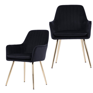 Velvet & Faux Leather Mid-Back Dining Chairs with Gold Plated Legs (Set of 2) Black
