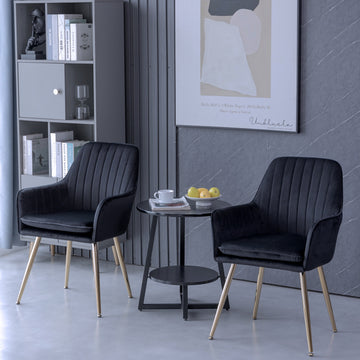 Velvet & Faux Leather Mid-Back Dining Chairs with Gold Plated Legs (Set of 2) Black