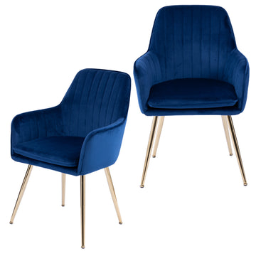 Velvet & Faux Leather Mid-Back Dining Chairs with Gold Plated Legs (Set of 2) Blue