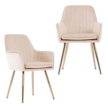 Velvet & Faux Leather Mid-Back Dining Chairs with Gold Plated Legs (Set of 2) Beige