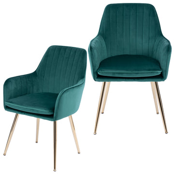 Velvet & Faux Leather Mid-Back Dining Chairs with Gold Plated Legs (Set of 2) Green