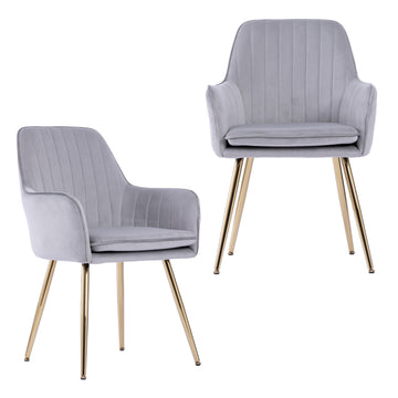 Velvet & Faux Leather Mid-Back Dining Chairs with Gold Plated Legs (Set of 2) Grey