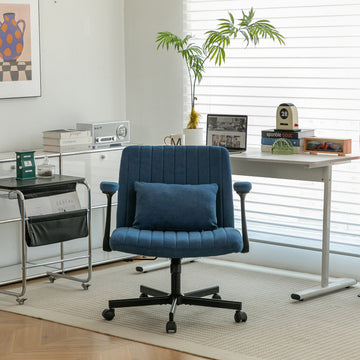 Criss Cross Armrest Office Chair with Wheels - Modern Design with Velvet or Linen Upholstery (Set of 2) Blue