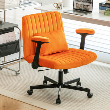 Criss Cross Armrest Office Chair with Wheels - Modern Design with Velvet or Linen Upholstery (Set of 2) Orange