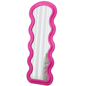 Flannel Full Length Wave Floor Mirror with Stand for Bedroom and Living Room Hanging or Leaning Pink