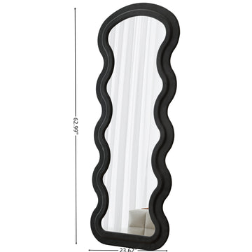 Flannel Full Length Wave Floor Mirror with Stand for Bedroom and Living Room Hanging or Leaning Black
