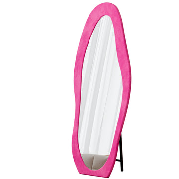 Full Length Mirror 63 x 24 Irregular Wavy Floor or Wall Mirror with Flannel Wrapped Wooden Frame for Bedroom Living Room Pink