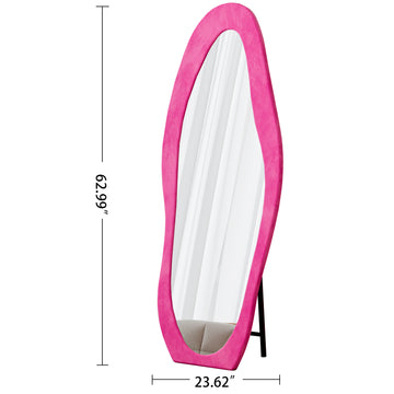 Full Length Mirror 63 x 24 Irregular Wavy Floor or Wall Mirror with Flannel Wrapped Wooden Frame for Bedroom Living Room Pink