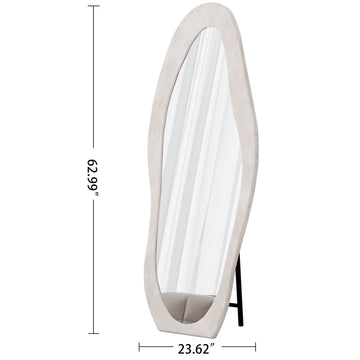 Full Length Mirror 63 x 24 Irregular Wavy Floor or Wall Mirror with Flannel Wrapped Wooden Frame for Bedroom Living Room White