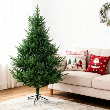 6FT Curved Christmas Tree – an 72-inch green Christmas tree featuring an irregular shape, dense branches, and a realistic appearance. This versatile piece works as both a Halloween and Christmas