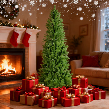 7FT Classic Pencil Christmas Tree is an 84-inch classic pencil-shaped Christmas tree suitable for both Halloween and Christmas. It features dense branches for realistic Christmas decorations 
