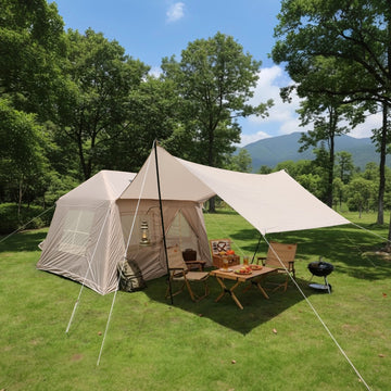 5.72㎡ 4 Season Inflatable Camping Tent Easy Setup Waterproof Windproof Glamping Tent with Detachable Top Mesh Windows Stove Jack Pump