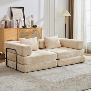 Convertible Floor Sofa Bed with Fixed-Shape Frame, Loveseats Boneless Modular Sectional Sofa,No Assembly Required,Chenille fabric,for Living Room Bedroom,Beige