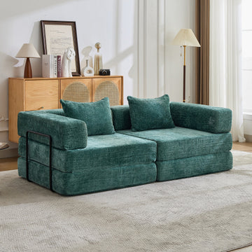Convertible Floor Sofa Bed with Fixed-Shape Frame, Loveseats Boneless Modular Sectional Sofa,No Assembly Required,Chenille fabric,for Living Room Bedroom,Dark Green