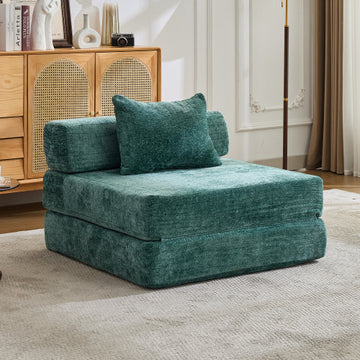 Convertible Floor Sofa Bed with Fixed-Shape Frame,Single Seater Boneless Modular Sectional Sofa,No Assembly Required,Chenille fabric,for Living Room Bedroom,Dark Green