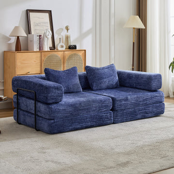 Convertible Floor Sofa Bed with Fixed-Shape Frame, Loveseats Boneless Modular Sectional Sofa,No Assembly Required,Chenille fabric,for Living Room Bedroom,Dark Blu