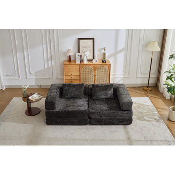 Convertible Floor Sofa Bed with Fixed-Shape Frame, Loveseats Boneless Modular Sectional Sofa,No Assembly Required,Chenille fabric,for Living Room Bedroom,Black