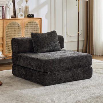 Convertible Floor Sofa Bed with Fixed-Shape Frame,Single Seater Boneless Modular Sectional Sofa,No Assembly Required,Chenille fabric,for Living Room Bedroom,Black