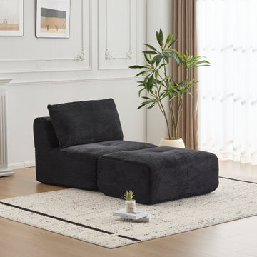 Single Chaise Longue for Living Room,Pet-Friendly Cloud Modular Sectional Sofa,Corduroy Fabric,Movable Ottoman,No Assembly required,Black