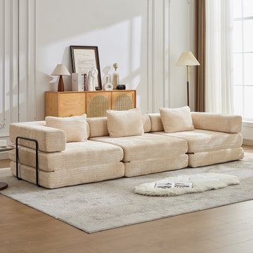 Convertible Floor Sofa Bed with Fixed-Shape Frame, Boneless Modular Sectional Sofa,No Assembly Required,Chenille fabric,for Living Room Bedroom,Beige
