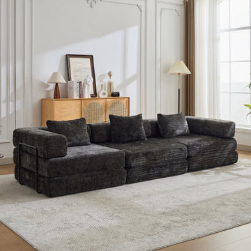 Convertible Floor Sofa Bed with Fixed-Shape Frame, Boneless Modular Sectional Sofa,No Assembly Required,Chenille fabric,for Living Room Bedroom,Black