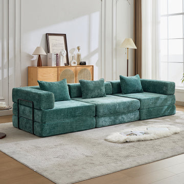 Convertible Floor Sofa Bed with Fixed-Shape Frame, Boneless Modular Sectional Sofa,No Assembly Required,Chenille fabric,for Living Room Bedroom,Dark Green
