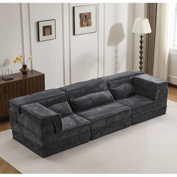 Convertible Floor Sofa Bed,DIY Boneless Modular Sectional Sofa,No Assembly Required,Circle fleece fabric,Oversized 3 Seater with 3 Pillows,Dark-Grey