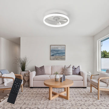 19 Inch White Feather Bedroom Fan Light with Remote Control Dimmable 7 Blades Reversible DC Motor LED Light