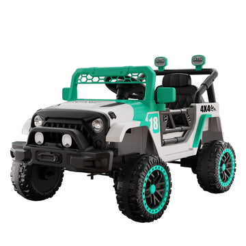 12V Kids Ride On Car - Parent Remote Control Spring Suspension LED Lights and Music White/Green (3+)