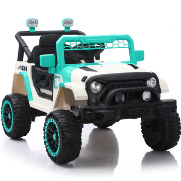 12V Kids Ride On Car - Parent Remote Control Spring Suspension LED Lights and Music White/Green (3+)